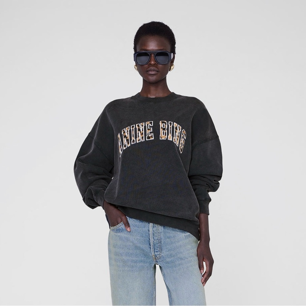 Anine Bing Miles Sweatshirt Washed Black with Leopard Lettering